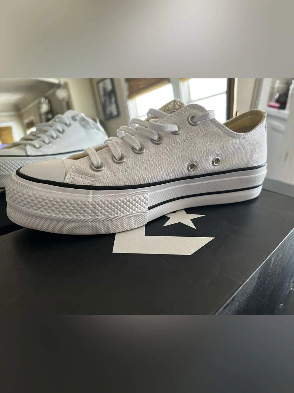 Converse White Low-Top Platform Canvas Sneakers with Black Trim - Picture 8 of 12
